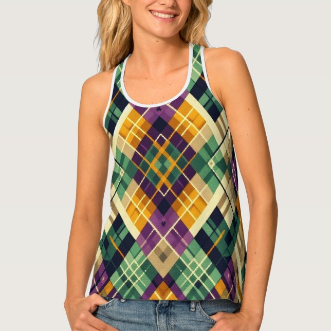Argyle Mardi Gras yellow purple green Tank Top (Front)