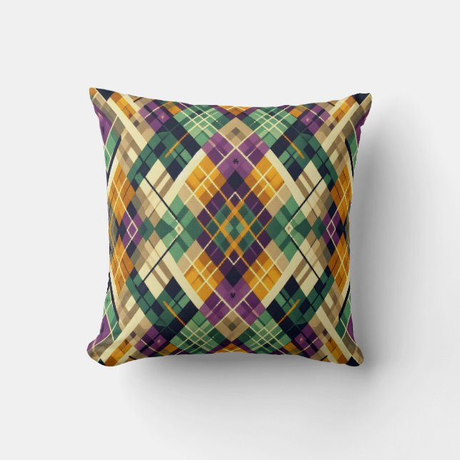 Argyle Mardi Gras yellow purple green Throw Pillow (Front)