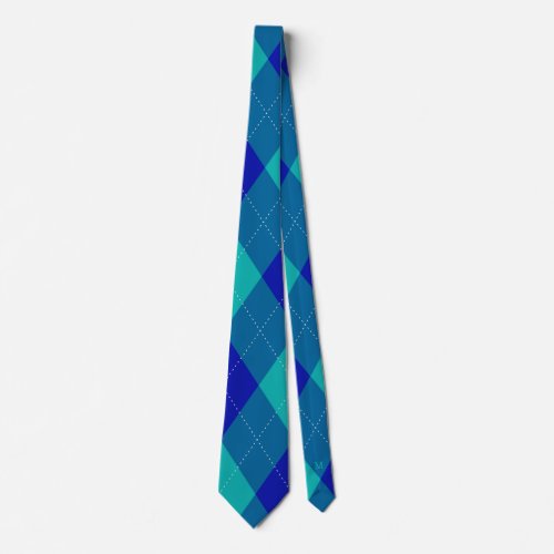 Argyle Monogram Hidden Initial Blue Turquoise Neck Tie