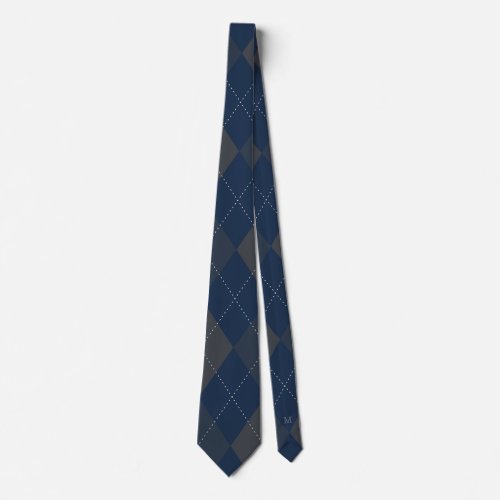 Argyle Monogram Hidden Initial Dark Blue Gray Neck Tie