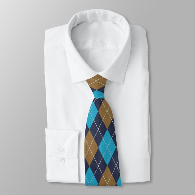 Argyle Navy, Blue & Camel - Classic Golf Neck Tie (Tied)
