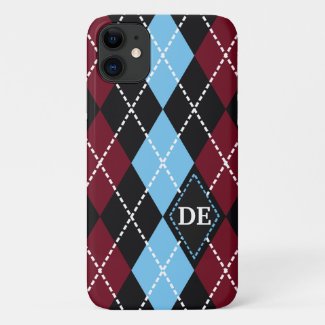 Argyle pattern black, burgundy blue monogram Case-Mate iPhone case