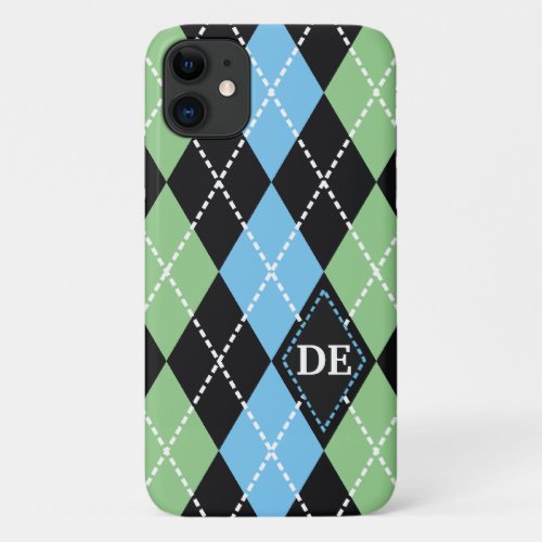 Argyle pattern black gray and green monogram iPhone 11 case