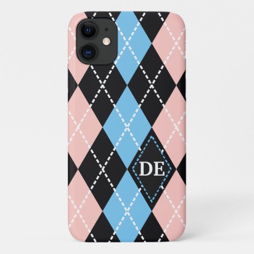 Argyle pattern black gray and pink monogram iPhone 11 case