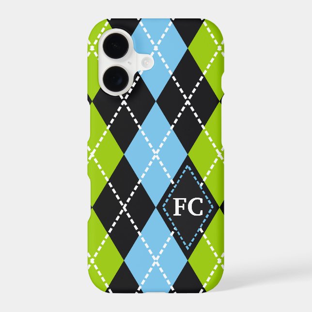 Argyle pattern black, green, blue monogram iphone case (Back)