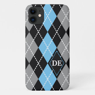 Argyle pattern black, grey blue monogram iPhone 11 case