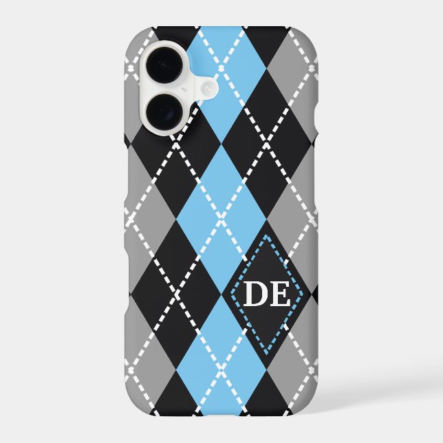 Argyle pattern black, grey blue monogram iphone case (Back)