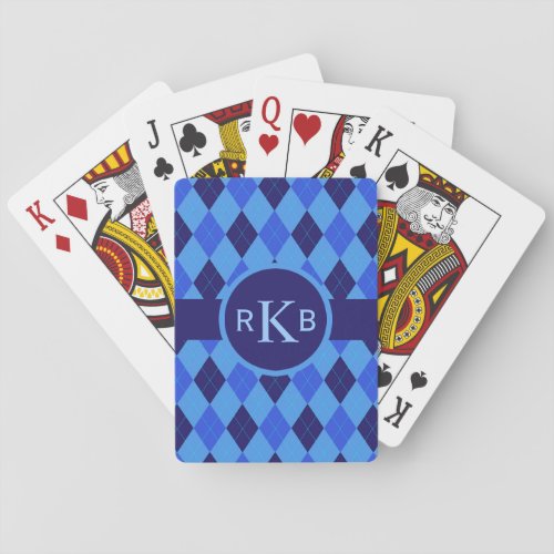 Argyle pattern blue custom personalized initials playing cards