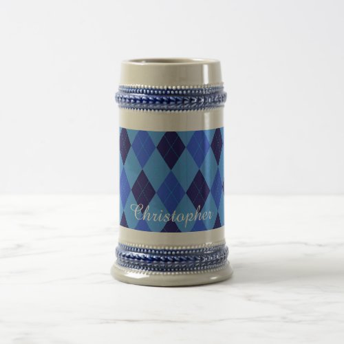 Argyle pattern blue custom personalized name beer stein