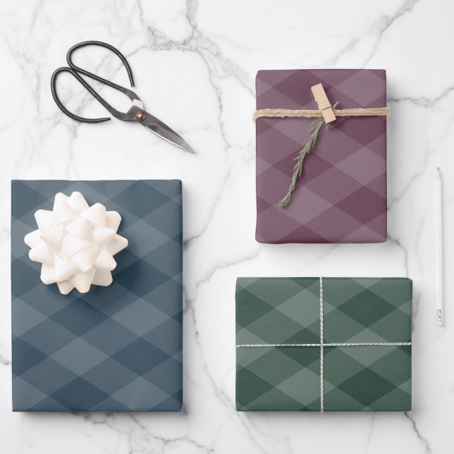 Argyle Pattern Burgundy Teal and Dark Green Wrapping Paper Sheets (Front)