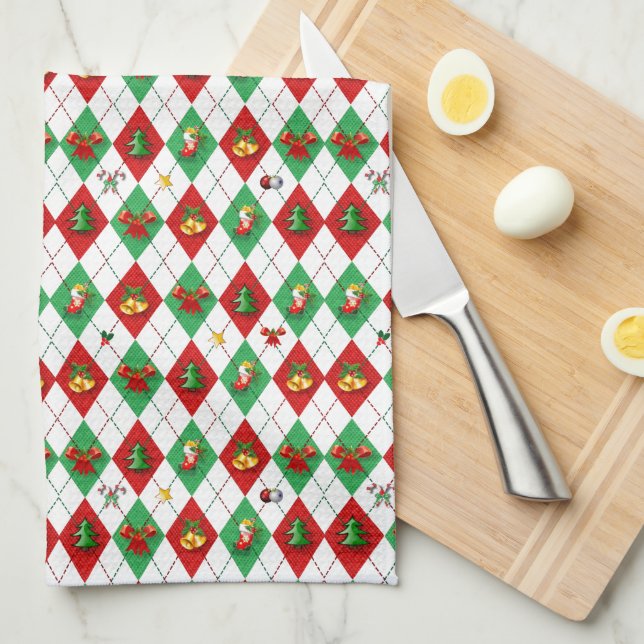Argyle Pattern Christmas Kitchen Towel (Quarter Fold)