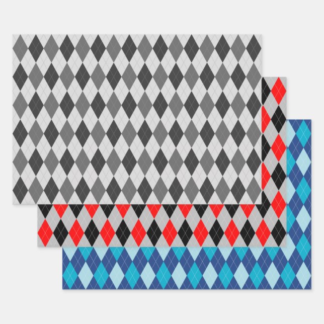 Argyle Pattern Gray Red and Blue Wrapping Paper Sheets (Set)