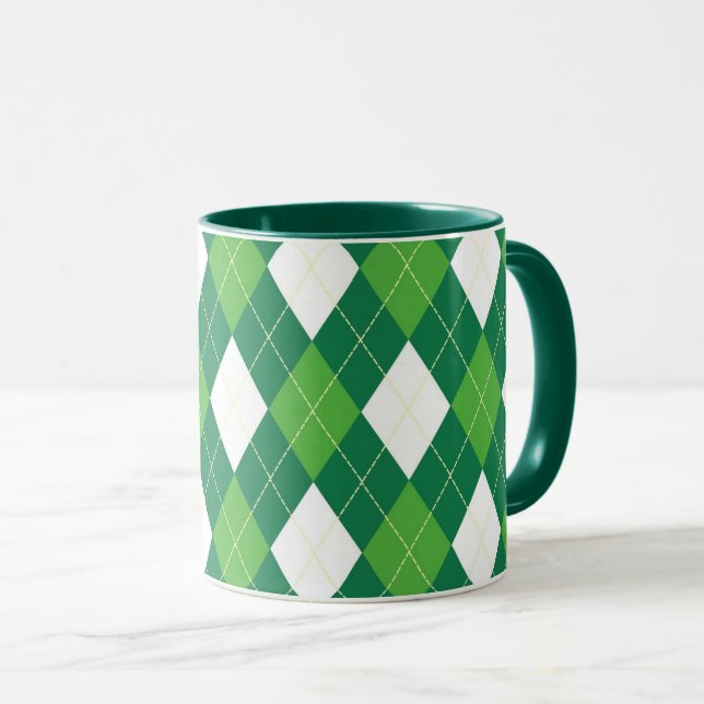 Argyle pattern, green and white mug (Front Right)