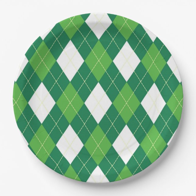 Argyle Pattern, Green and White Paper Plates (Front)