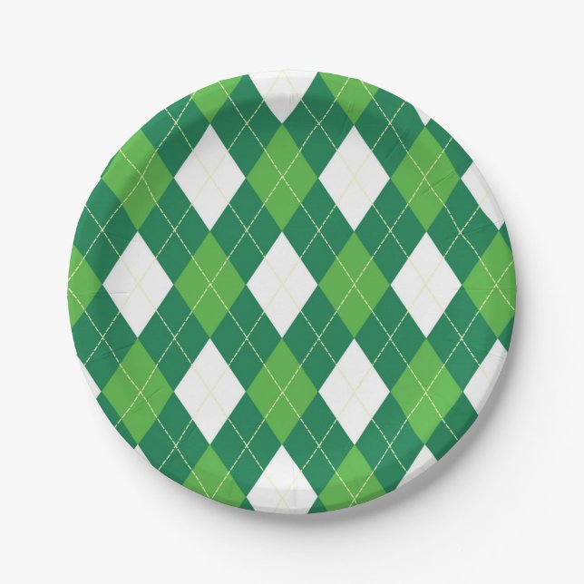 Argyle pattern, green and white paper plates (Front)
