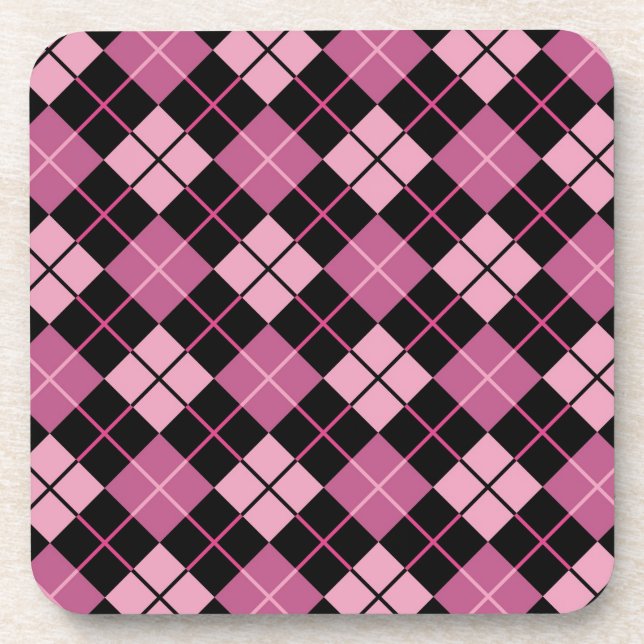 Argyle Pattern in Black and Pink Beverage Coaster (Front)