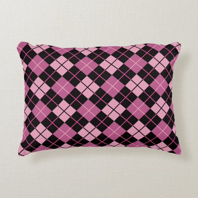 Argyle Pattern in Black and Pink Decorative Pillow (Front)