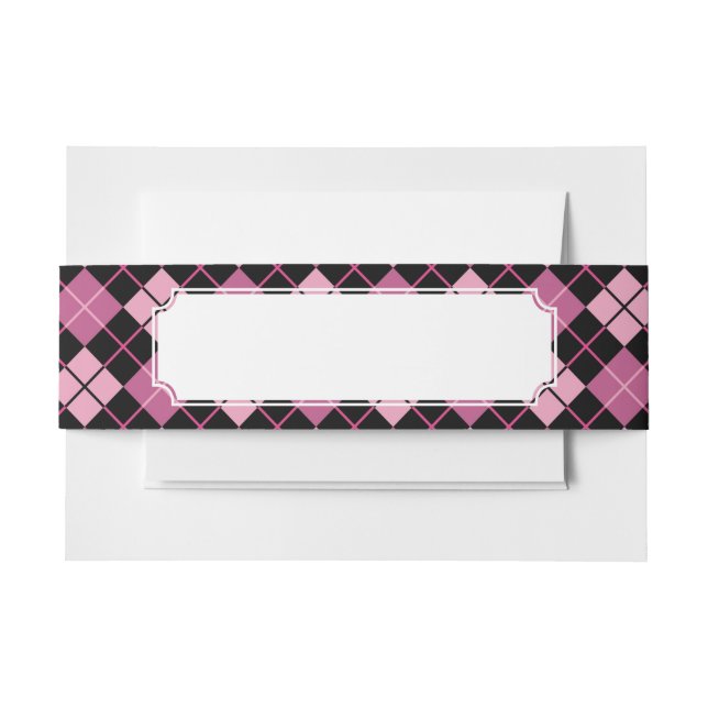 Argyle Pattern in Black and Pink Invitation Belly Band (Front Example)