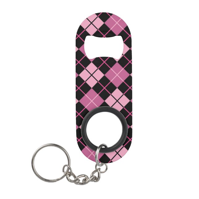 Argyle Pattern in Black and Pink Keychain Bottle Opener (Front)