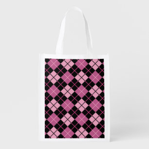 Argyle Pattern in Black and Pink Reusable Grocery Bag