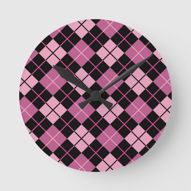 Argyle Pattern in Black and Pink Round Clock (Front)