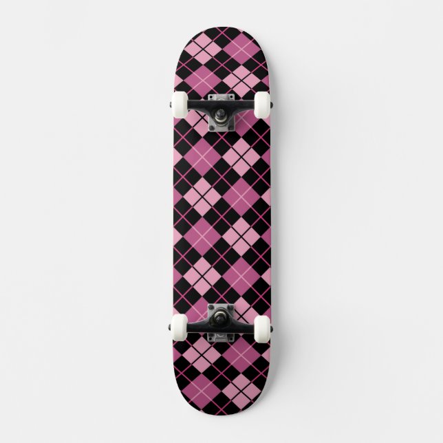 Argyle Pattern in Black and Pink Skateboard Deck (Front)