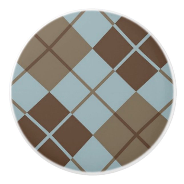 Argyle Pattern in Blue and Taupe Ceramic Knob (Front)