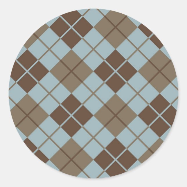 Argyle Pattern in Blue and Taupe Classic Round Sticker (Front)