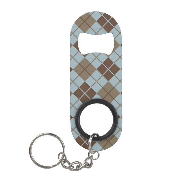 Argyle Pattern in Blue and Taupe Keychain Bottle Opener (Front)