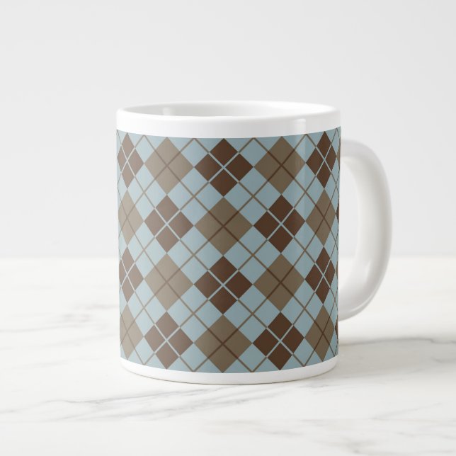 Argyle Pattern in Blue and Taupe Large Coffee Mug (Front Right)