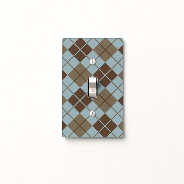 Argyle Pattern in Blue and Taupe Light Switch Cover (In Situ)