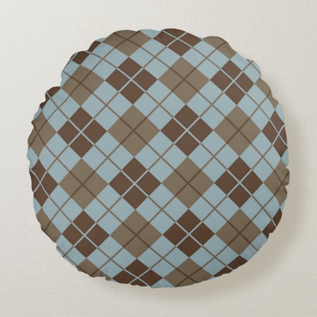 Argyle Pattern in Blue and Taupe Round Pillow (Front)