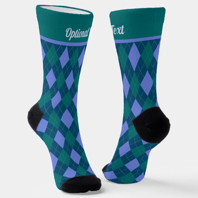 Argyle pattern in blues and greens - your text on socks (Angled)