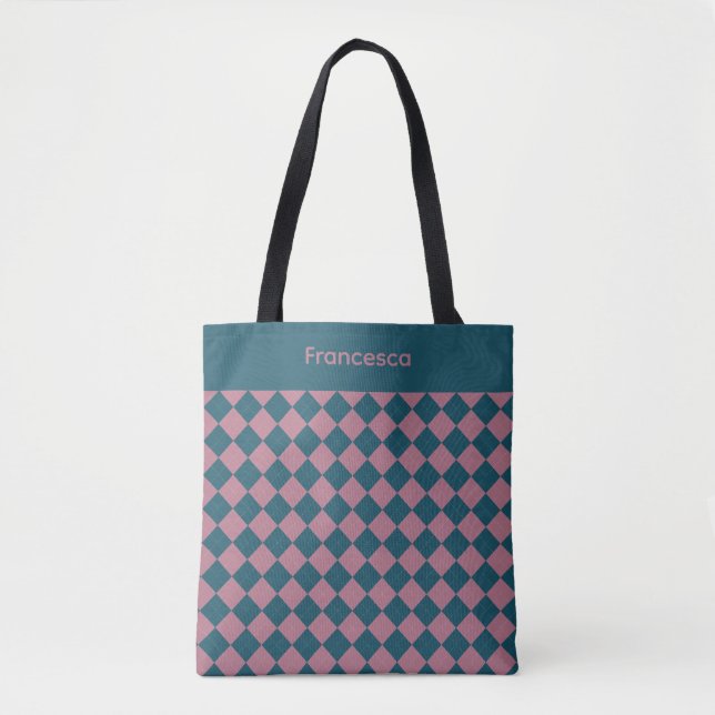  Argyle pattern ocean blue pink name tote bag (Front)