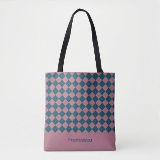 Argyle pattern ocean blue pink name tote bag