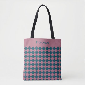 Argyle pattern ocean blue pink name tote bag