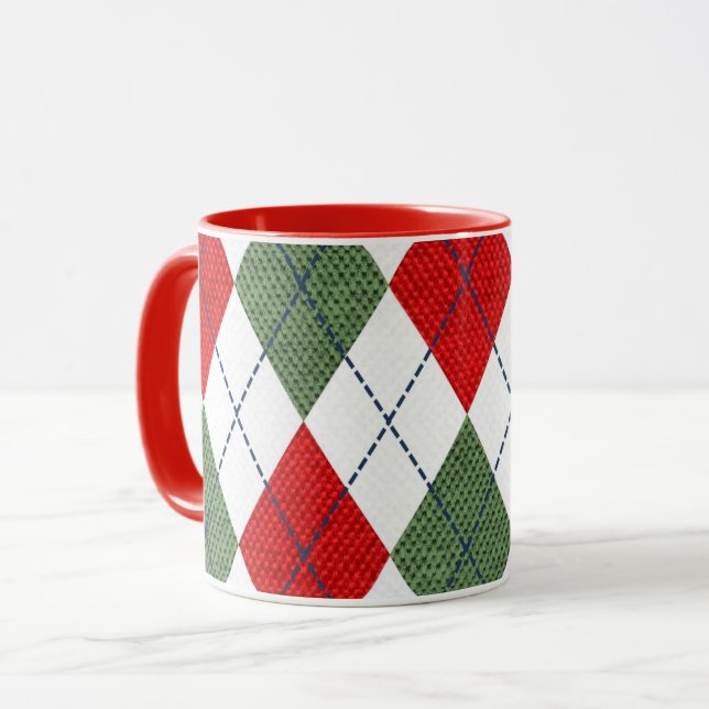 Argyle pattern red and green mug (Front Left)