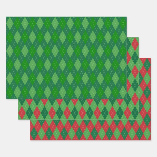 Argyle Pattern Red and Green Wrapping Paper Sheets (Set)