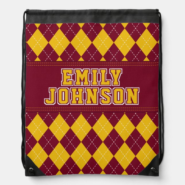 Argyle Pattern Red Yellow Name School Drawstring Bag (Front)