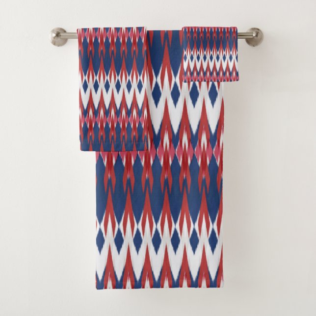 Argyle Pattern White Blue Red Ikat Technique       Bath Towel Set (Insitu)