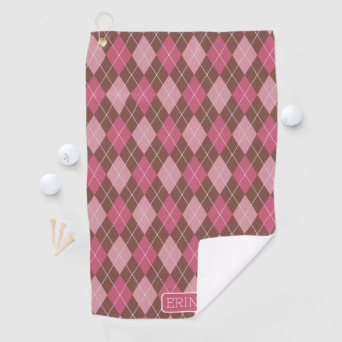 Argyle Pink and Brown with Your Name or Initials Golf Towel