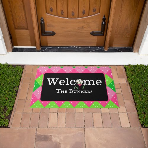 Argyle Pink and Green Golf Welcome Entry Doormat