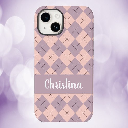 Argyle Pink and Purple Pattern Personalize Case_Mate iPhone 14 Case