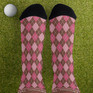 Argyle Pink on Brown Diamonds, your own text Socks