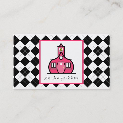 Customizable Argyle Pink Schoolhouse Teacher Business Card