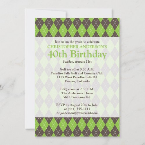 Argyle Plaid Brown Green Golf Golfing 0th Birthday Invitation