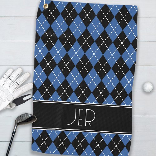 Argyle Plaid Custom Monogram Initials Black Blue Golf Towel
