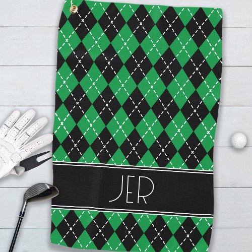 Argyle Plaid Custom Monogram Initials Black Green Golf Towel