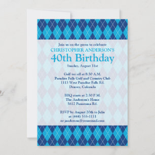 Argyle Plaid Navy Blue Golf 40th Birthday Invitation