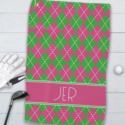 Argyle Plaid Pink Green Custom Monogram Initials Golf Towel
